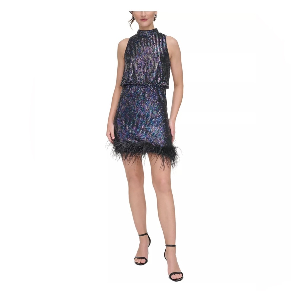 Eliza J Women’s Feather-Trim Sequin Mock-Neck Dress Size 8 NEVER WORN